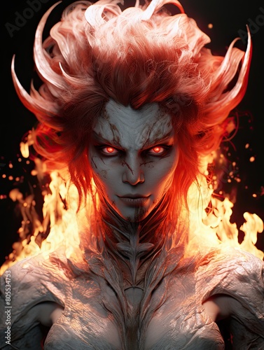 Demonic fantasy character with fiery red hair and glowing eyes