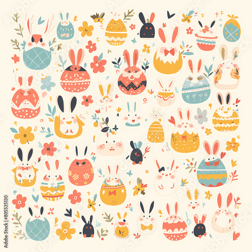 Vibrant and Playful Easter Decorative Artwork with Adorable Bunnies and Eggs