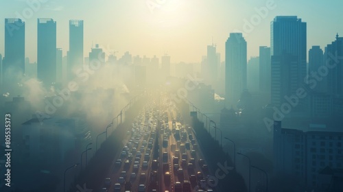 A city skyline obscured by smog and pollution  illustrating the environmental impact of heavy traffic congestion in urban areas.