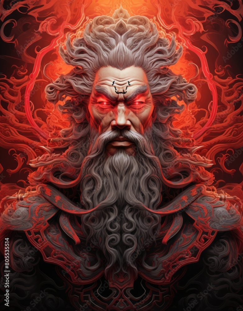 Powerful mythical deity with fiery red eyes and intricate facial features Powerful mythical deity with fiery red eyes and intricate facial features
