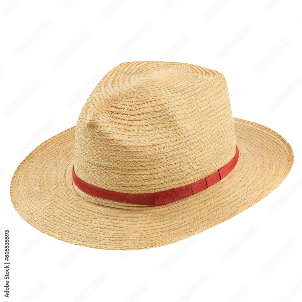 A straw hat with a red strap and ribbon. Isolated. Without people. An example of a design.
