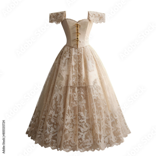 Vintage lace dress with corset. Short sleeve. The color is beige, cream. The silhouette of clothes, without people. photo