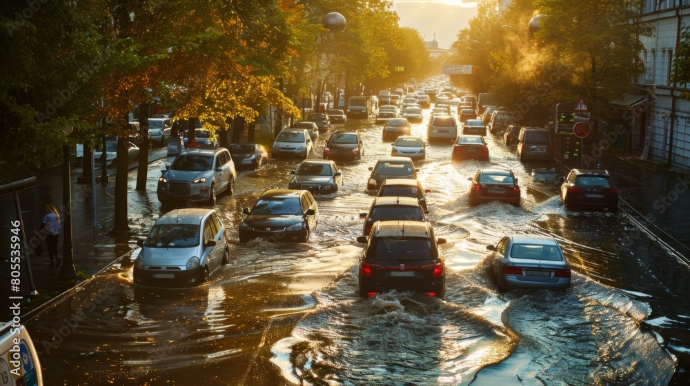 A city street flooded with vehicles during morning rush hour, emphasizing the urgency for sustainable transportation solutions. A city street flooded with vehicles during morning rush hour, emphasizing the urgency for sustainable transportation solutions.