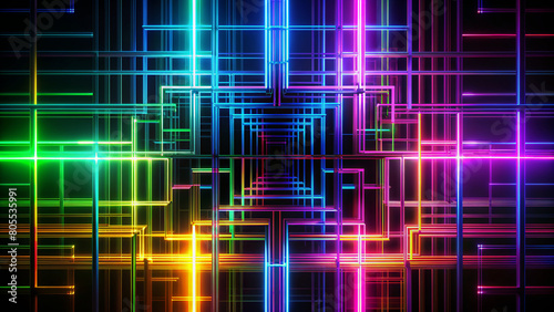 A bright abstract pattern consisting of overlapping multicolored lines forming a grid-like structure that creates a sense of depth. AI, Generation.