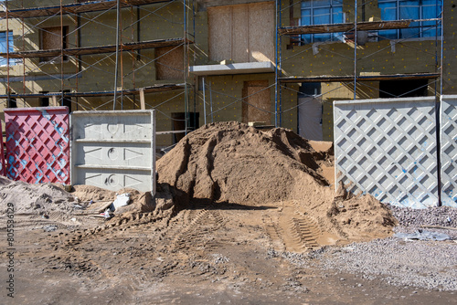 Pile of sand on the construction site of a new residential building
