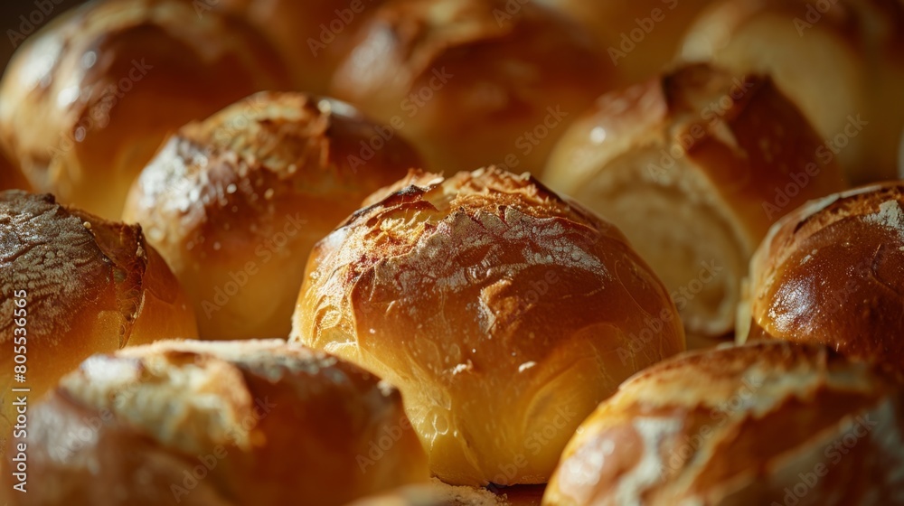 A close-up of freshly baked bread rolls with golden crusts, exuding warmth and aroma, ready to be enjoyed with a spread of butter.