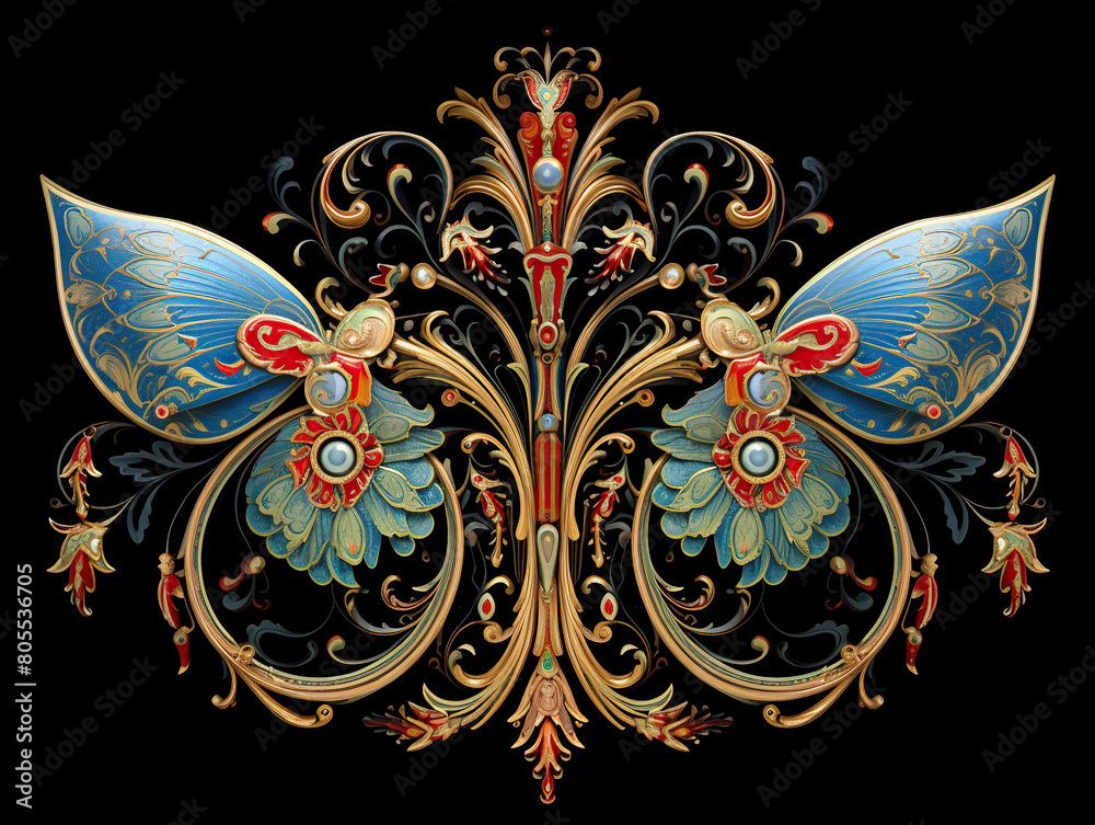 Indian motif Mughal flower, ornament symmetrical along two axes Palekh style, Russian style Indian motif Mughal flower, ornament symmetrical along two axes Palekh style, Russian style