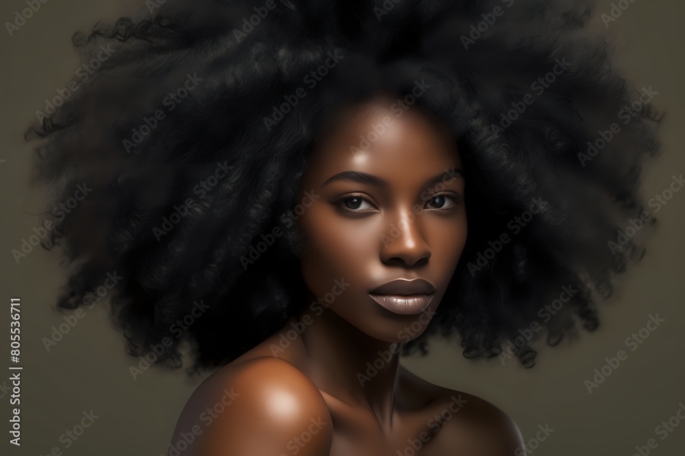 Close up portrait of a beautiful black african american woman in her beautiful afro hair. Perfect image for hair care and cosmetic products. Copy Space for text and branding.