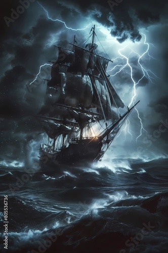 Poster an old pirate ship in a storm is on the sea, surrounded by thunderstorms and lightning