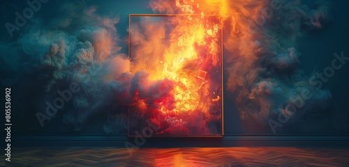 At an art gallery, a faulty light fixture overheats and sets a piece of abstract art on fire,  illustration stlye photo