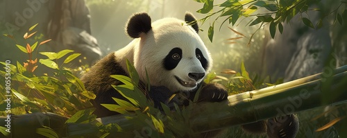 A panda bear is laying on a tree branch in a lush green forest
