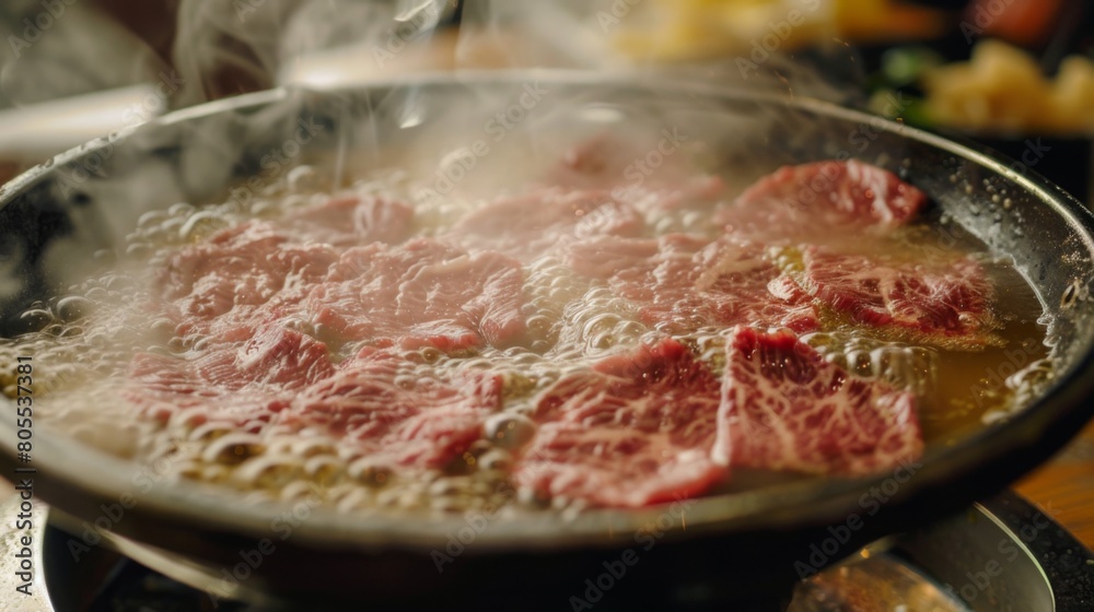 A close-up of thinly sliced marbled beef being dipped into a bubbling pot of flavorful broth, capturing the essence of shabu-shabu cooking.