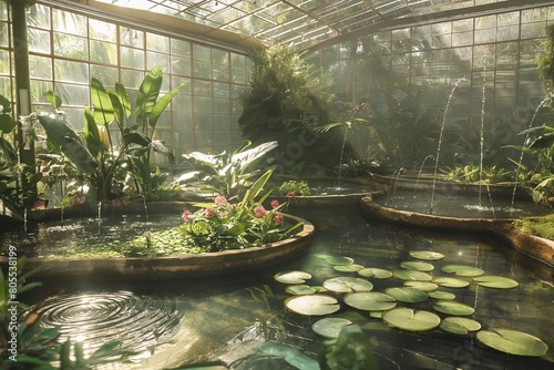 Tropical Greenhouse Paradise: Sunlit Pools and Plants: Sun-drenched greenhouse with serene water pools, tropical plants, and gentle waterfalls creating a tranquil oasis photo