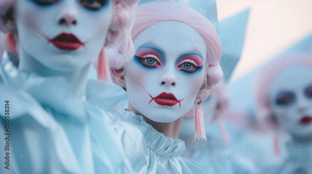 Chilling Clowns with Pink Hair and White Makeup in Formation