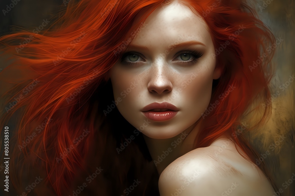 Conceptual painting portrait art of a beautiful woman with redhead among watercolor background. Copy Space. Conceptual painting portrait art of a beautiful woman with redhead among watercolor background. Copy Space.