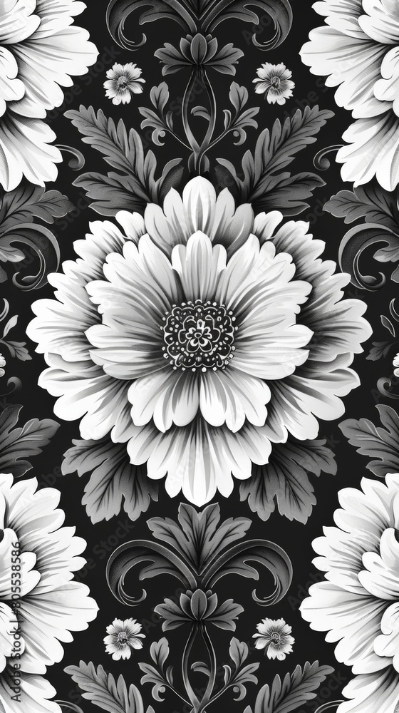 Black and White Flower Pattern on Black Background Black and White Flower Pattern on Black Background