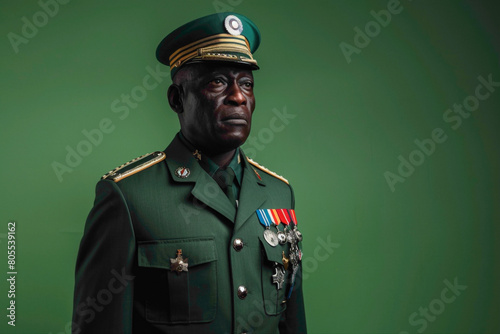 An army officer, the epitome of strength and bravery, stands stoically agnst a solid green backdrop. His uniform is adorned with medals, indicating his years of service and dedication. The lush green