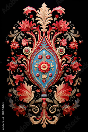  Indian motif Mughal flower, ornament symmetrical along two axes Palekh style, Russian style