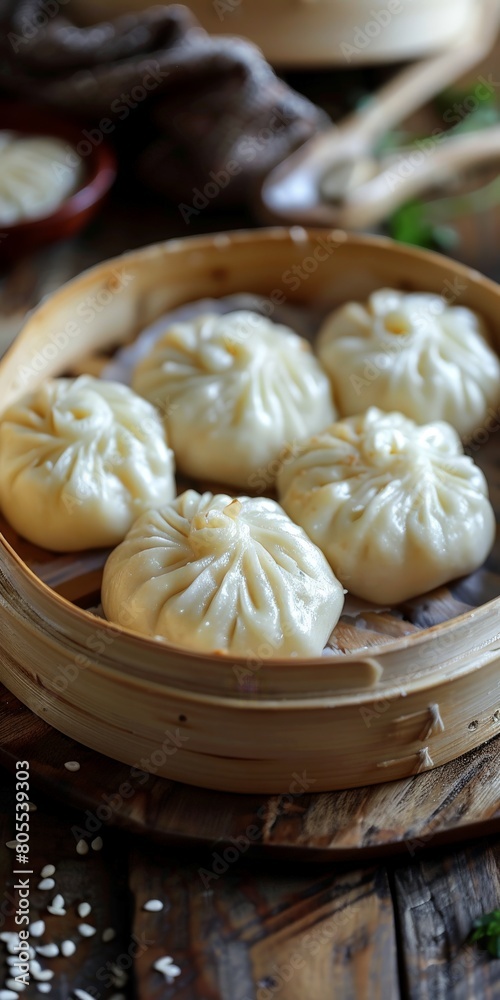 Wooden Bowl Filled With Dumplings on Wooden Table Wooden Bowl Filled With Dumplings on Wooden Table