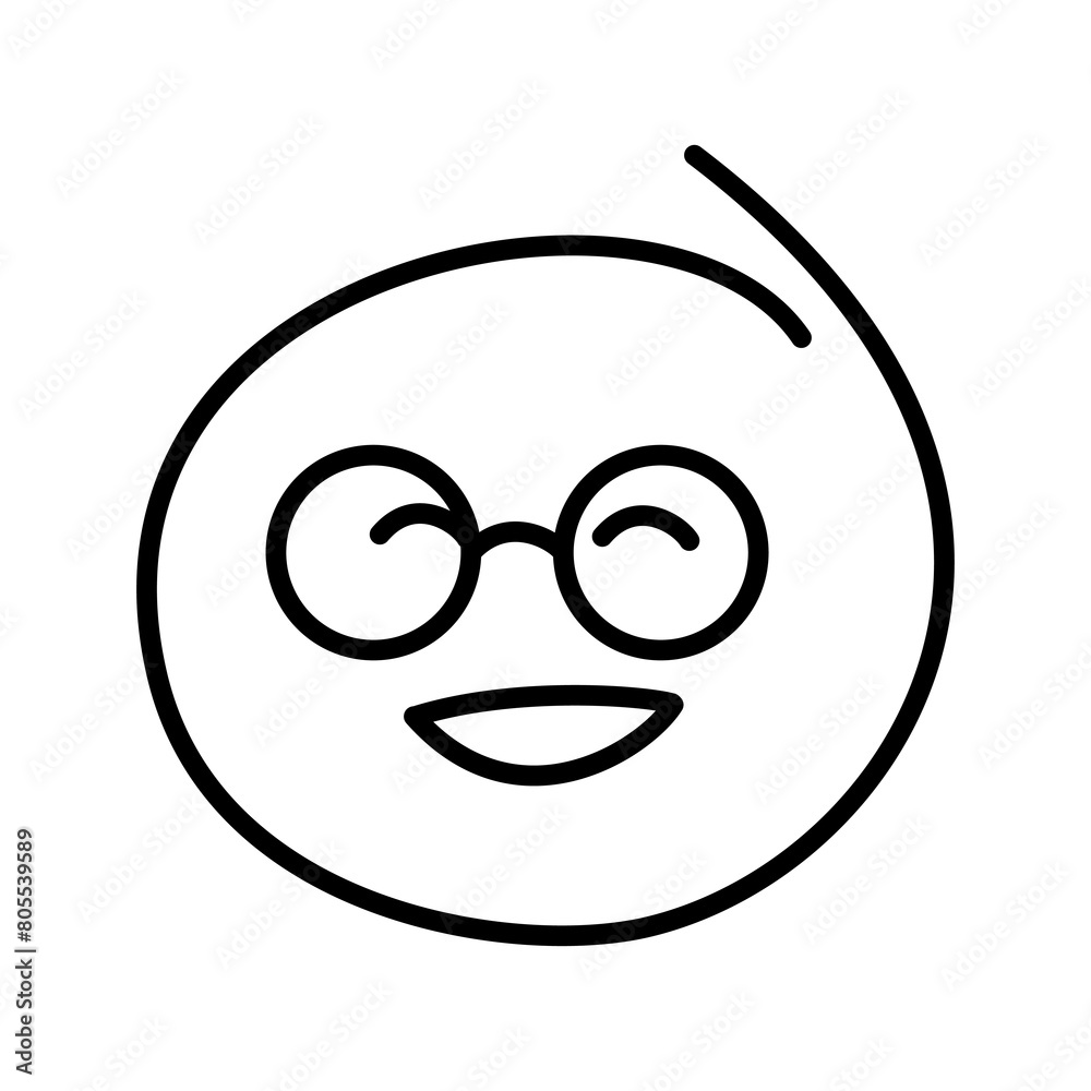 Black and white drawing of a laughing good-natured emoticon, smiley bespectacled man wearing round glasses with closed eyes Black and white drawing of a laughing good-natured emoticon, smiley bespectacled man wearing round glasses with closed eyes