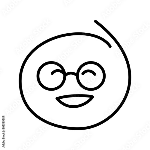 Black and white drawing of a laughing good-natured emoticon, smiley bespectacled man wearing round glasses with closed eyes