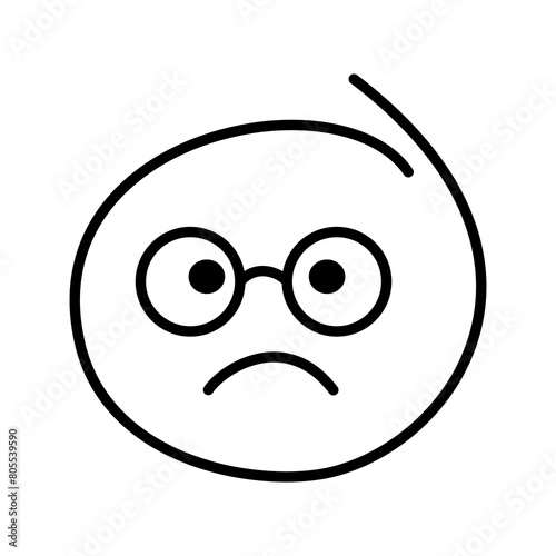 A black and white drawing of an ordinary emoticon, smiley bespectacled man wearing round glasses with open eyes is sad, offended