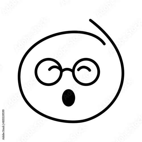 Black and white drawn emoticon sleepy yawns with closed eyes. Smiley bespectacled man wearing round glasses