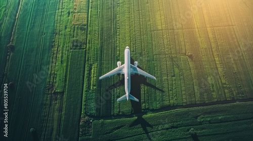 Aerial view of an aircraft over farmland. 