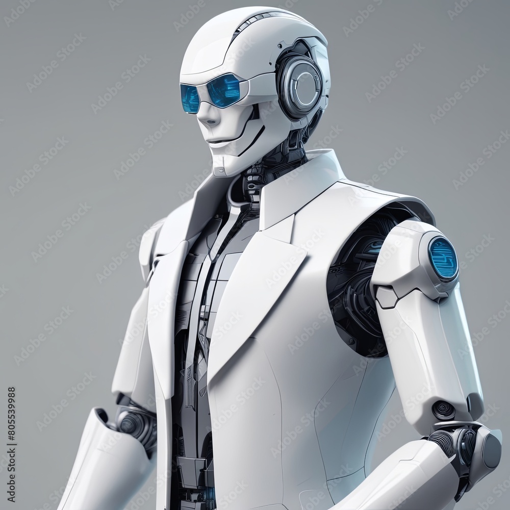 Humanoid robot cyborg with blue glasses in white suit Humanoid robot cyborg with blue glasses in white suit