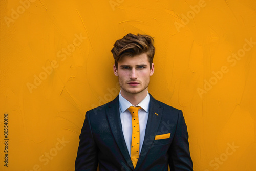 Effortless charm exudes from a debonr lad in his sharp business attire, his hr styled with precision, framed agnst a vibrant yellow backdrop. photo