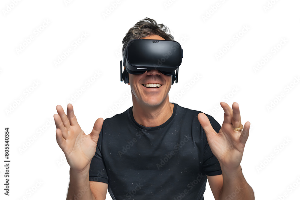 Caucasian male wearing virtual reality headset on isolated transparent background Caucasian male wearing virtual reality headset on isolated transparent background