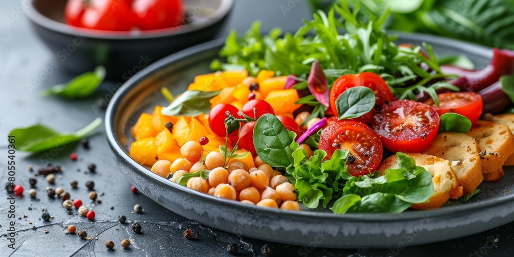 Close-up of a colorful salad plate with chickpeas, tomatoes, bell peppers, and mixed greens