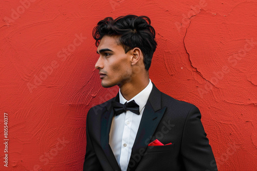 Exuding confidence and style, a dashing young man dons his impeccably tlored suit, his hr perfectly groomed, standing agnst a bold red backdrop.