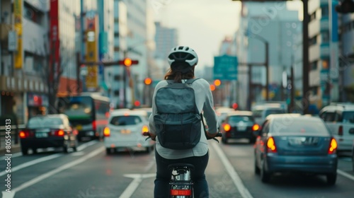 A cyclist navigating through congested city streets, promoting eco-friendly transportation alternatives amidst urban traffic.