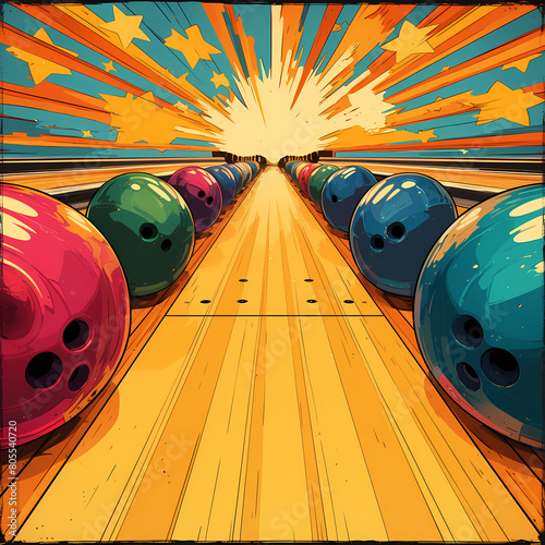 Captivating Bowling Art: Striking Scene with Colored Balls and Sunburst Effect photo
