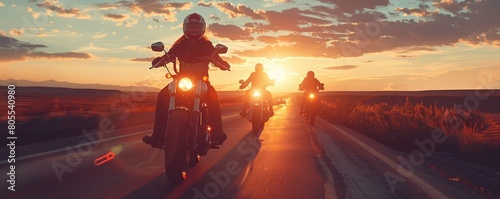 Front view of the motociclist ride in the sunset. Rider on the road. photo