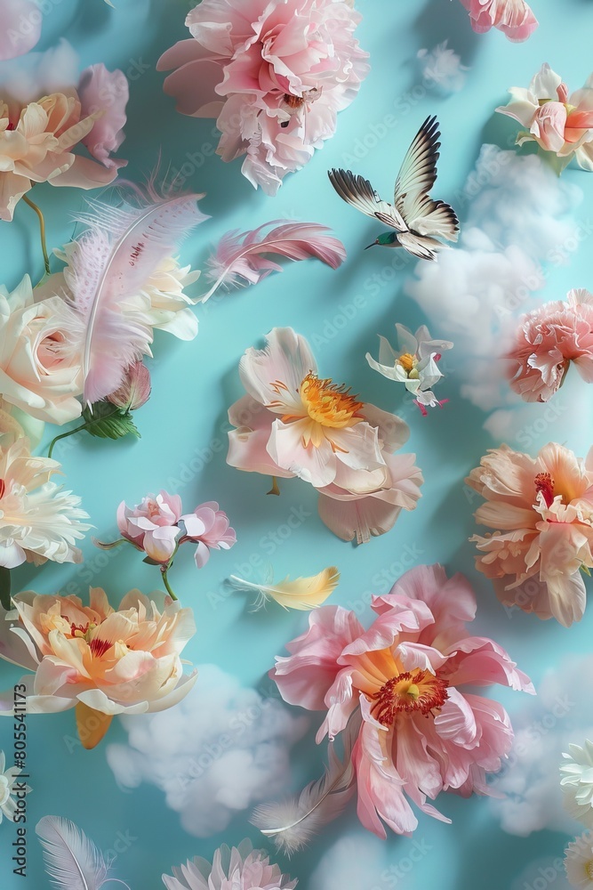 An artistic composition featuring lush flowers, fluttering birds, and feathery elements on a dreamy blue background An artistic composition featuring lush flowers, fluttering birds, and feathery elements on a dreamy blue background