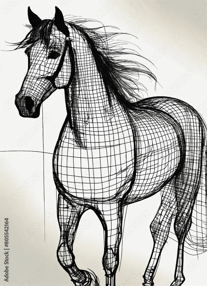Fototapeta premium horse drawn by a black and white,with hand sketch and drawing