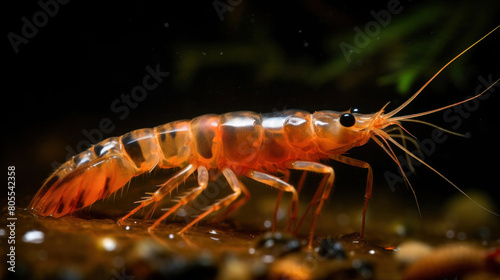 Close-up of a transparent shrimp moving gracefully over a bed of small stones in an aquarium, showcasing its detailed anatomy and clear exoskeleton. 