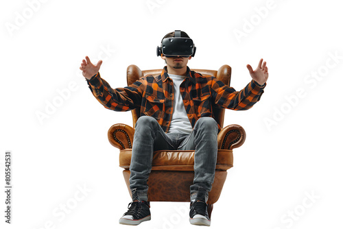 Caucasian male wearing virtual reality headset and sitting on chair on isolated transparent background © Irfan Hameed