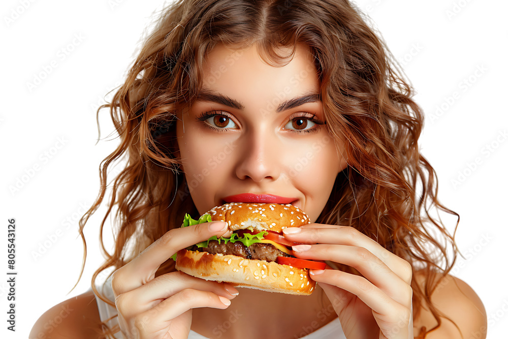 Hungry woman eating burger on isolated transparent background