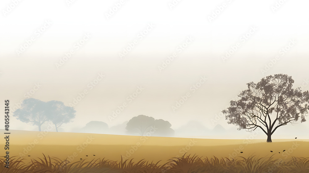 enshrouded pastures, foggy fields with oak trees. field landscape. vector background