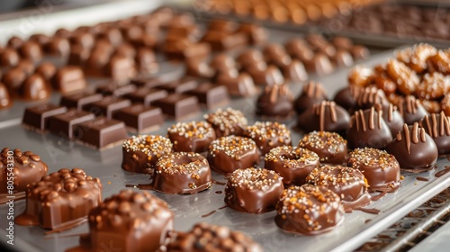 A tray of assorted chocolate treats, including truffles and chocolate covered nuts. The tray is placed on a counter, and the treats are arranged in a visually appealing manner. The variety of shapes