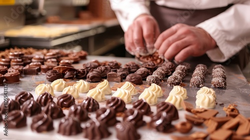 A man is making chocolate truffles on a table. There are many different types of truffles, including some with whipped cream and others with nuts photo