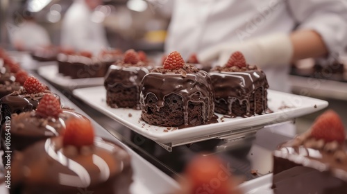 A tray of chocolate cakes with red raspberries on top. The cakes are being prepared for sale photo