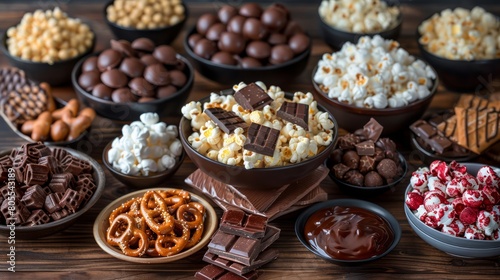 A table full of various snacks including popcorn, chocolate, and pretzels. The table is set up for a party or gathering, and the snacks are arranged in bowls and on plates