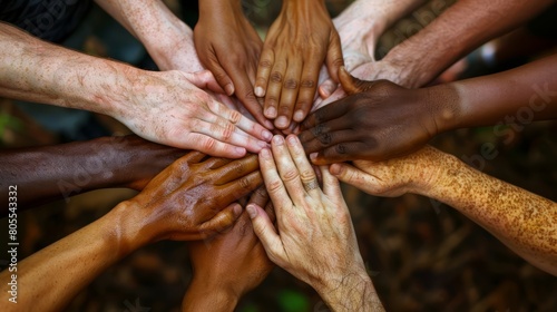 A group of people with different skin tones are holding hands in a circle. Concept of unity and togetherness, as people from different backgrounds come together to form a circle