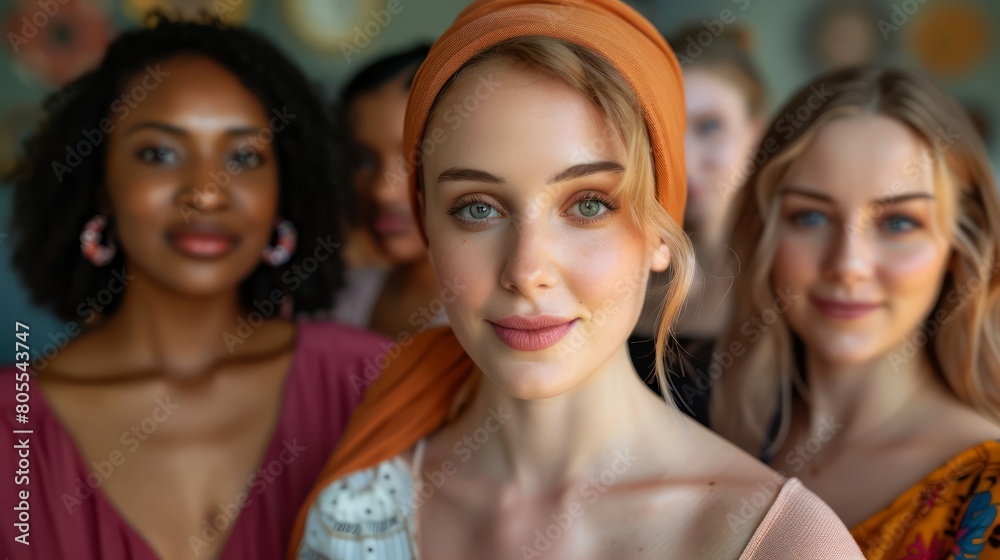 A group of women are standing together, one of them wearing an orange scarf. The women are smiling and appear to be happy