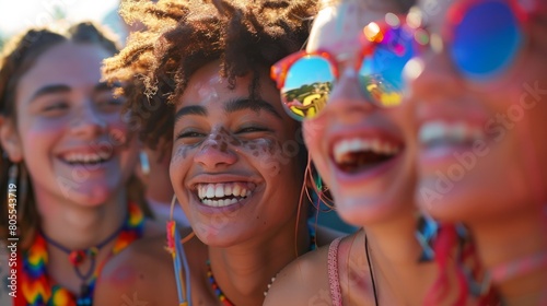 A group of women are smiling and wearing sunglasses. They are all wearing colorful clothing and accessories. Scene is happy and fun