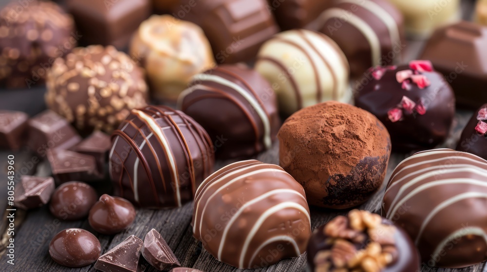 A variety of chocolate truffles are displayed on a wooden table. The truffles come in different shapes and sizes, and some are covered in chocolate A variety of chocolate truffles are displayed on a wooden table. The truffles come in different shapes and sizes, and some are covered in chocolate